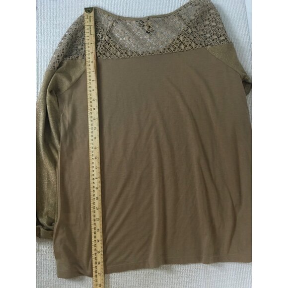 French Bazaar Top Women Size L Tan Blue Sequins Crochet Shoulders Long Sleeves - Picture 11 of 13
